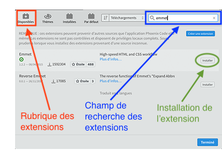 Boite de dialogue du gestionnaire d'extension de Phœnix Code